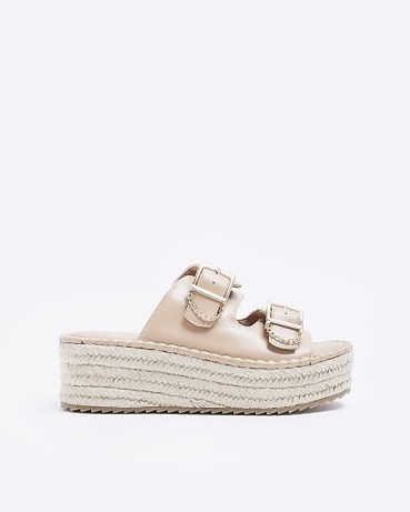 RIVER ISLAND PINK BACKLESS WEDGE ESPADRILLES ~ chunky double strap wedged mule sandals ~ women’s buckled wedges - flipped