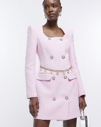 RIVER ISLAND PINK BOUCLE LONG SLEEVE BLAZER MINI DRESS ~ textured jacket dresses ~ women’s tweed style clothes ~ womens on-trend fashion