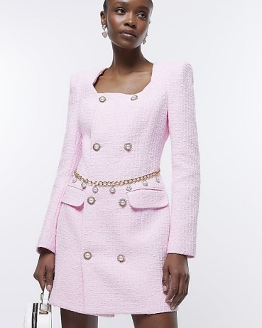 RIVER ISLAND PINK BOUCLE LONG SLEEVE BLAZER MINI DRESS ~ textured jacket dresses ~ women’s tweed style clothes ~ womens on-trend fashion - flipped