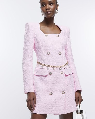 RIVER ISLAND PINK BOUCLE LONG SLEEVE BLAZER MINI DRESS ~ textured jacket dresses ~ women’s tweed style clothes ~ womens on-trend fashion