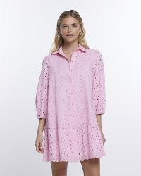 RIVER ISLAND PINK BRODERIE LONG SLEEVE MINI SHIRT DRESS ~ cotton collared cut out detail dresses ~ womens on-trend fashion
