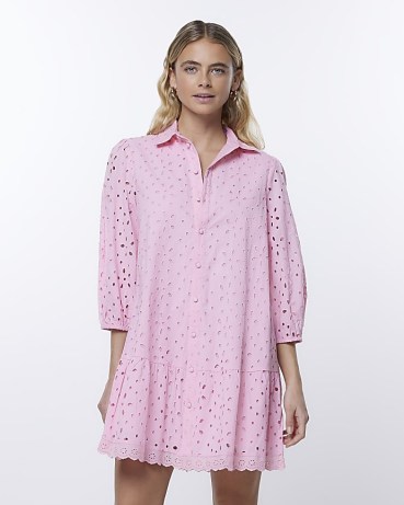 RIVER ISLAND PINK BRODERIE LONG SLEEVE MINI SHIRT DRESS ~ cotton collared cut out detail dresses ~ womens on-trend fashion - flipped