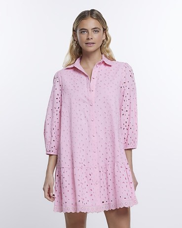 RIVER ISLAND PINK BRODERIE LONG SLEEVE MINI SHIRT DRESS ~ cotton collared cut out detail dresses ~ womens on-trend fashion