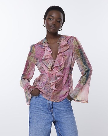RIVER ISLAND PINK CHIFFON PAISLEY FRILL BLOUSE / women’s sheer ruffled front blouses / womens wide long sleeve tops - flipped