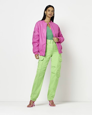 RIVER ISLAND PINK FAUX LEATHER BOMBER JACKET ~ womens bubblegum coloured jackets ~ ruched sleeved outerwear ~ fake leather clothes - flipped