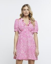 RIVER ISLAND PINK HEART PRINT FRILL SWING MINI DRESS ~ ruffled puff sleeve dresses with hearts ~ women’s on-trend fashion ~ womens vintage style clothing