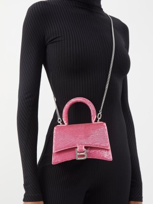 BALENCIAGA Hourglass XS sequin-leather handbag in pink – luxury mini sequinned handbags – luxe designer small top handle bags