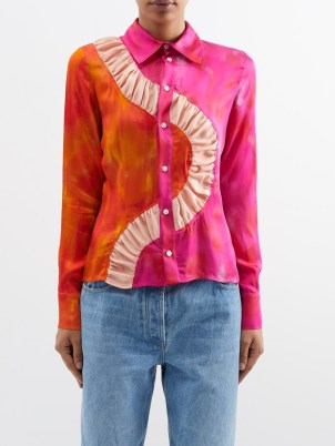 AHLUWALIA Kati ruched-panel printed-satin shirt in pink and orange / women’s luxury shirts / luxe fashion / womens vibrant clothes - flipped
