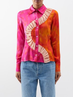AHLUWALIA Kati ruched-panel printed-satin shirt in pink and orange / women’s luxury shirts / luxe fashion / womens vibrant clothes