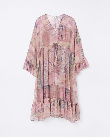 RIVER ISLAND PINK PRINT LONG SLEEVE MAXI DRESS ~ vintage style dresses ~ mixed print fashion ~ ruffled tiered hem ~ women’s floaty 70s look clothing - flipped