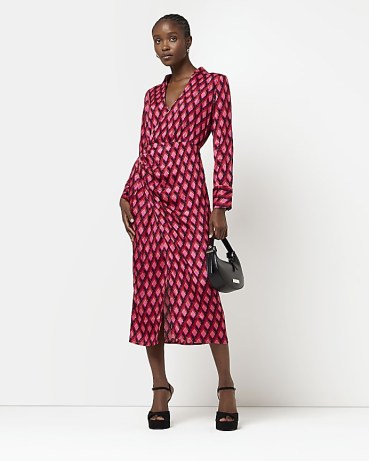 RIVER ISLAND PINK PRINTED WRAP MIDI SHIRT DRESS ~ long sleeve collared dresses ~ womens fashion ~ women’s clothes - flipped