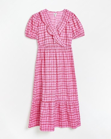 RIVER ISLAND PINK PUFF SLEEVE WRAP MIDI DRESS ~ women’s checked tiered hem dresses ~ womens cotton fashion ~ puffed sleeves ~ check print clothes ~ frill neckline