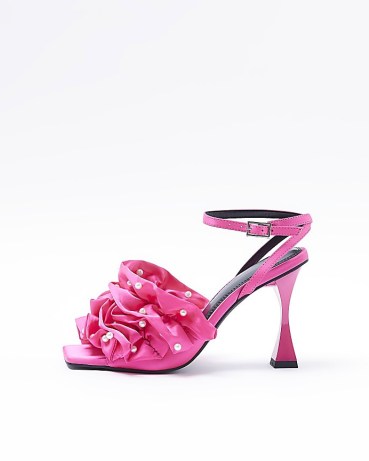 RIVER ISLAND PINK RUFFLE PEARL HEELED SANDAL ~ ruffled party shoes ~ women’s occasion fashion - flipped