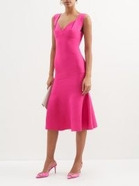 ROLAND MOURET Sweetheart-neck knitted-jersey midi dress in pink – flared hem bodycon – sleeveless fitted occasion dresses – women’s evening event clothing