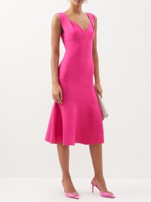 ROLAND MOURET Sweetheart-neck knitted-jersey midi dress in pink – flared hem bodycon – sleeveless fitted occasion dresses – women’s evening event clothing - flipped