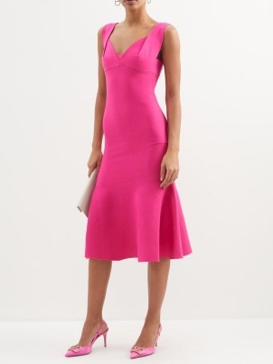 ROLAND MOURET Sweetheart-neck knitted-jersey midi dress in pink – flared hem bodycon – sleeveless fitted occasion dresses – women’s evening event clothing