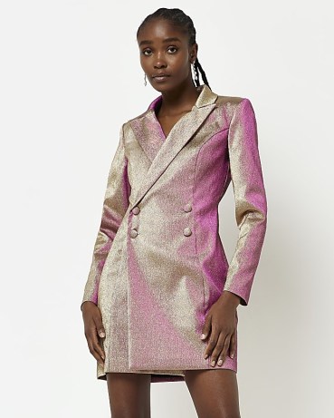 RIVER ISLAND PINK WRAP BLAZER DRESS ~ women’s metallic jackets dresses ~ womens going out evening clothes ~ shiny occasion fashion - flipped