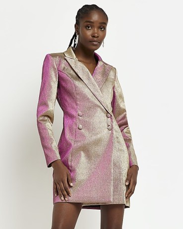 RIVER ISLAND PINK WRAP BLAZER DRESS ~ women’s metallic jackets dresses ~ womens going out evening clothes ~ shiny occasion fashion