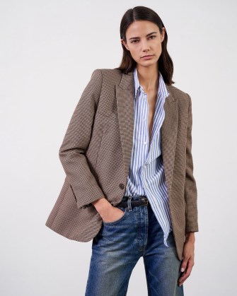 NILI LOTAN PLAID DIANE BLAZER in BROWN PLAID – women’s oversized checked blazers – womens luxury check print jackets – shoulder pads for a boxy look – designer clothing – single breasted - flipped