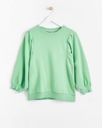 Oliver Bonas Pleat Sleeve Green Jersey Top ~ mint coloured long sleeved tops ~ women’s casual clothes