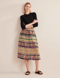 Boden Pleated Full Midi Skirt in Multi, Tapestry Stripe / floral cotton skirts