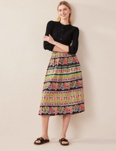Boden Pleated Full Midi Skirt in Multi, Tapestry Stripe / floral cotton skirts - flipped