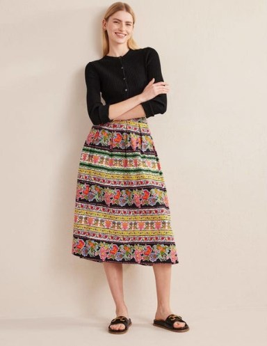 Boden Pleated Full Midi Skirt in Multi, Tapestry Stripe / floral cotton skirts
