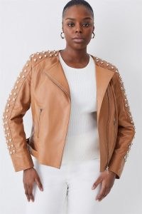KAREN MILLEN Plus Size Leather Dome Stud & Quilted Detail Biker Jacket in Camel ~ luxe studded jackets ~ women’s luxury clothes ~ womens luxe outerwear