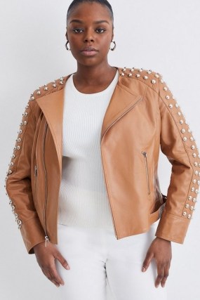 KAREN MILLEN Plus Size Leather Dome Stud & Quilted Detail Biker Jacket in Camel ~ luxe studded jackets ~ women’s luxury clothes ~ womens luxe outerwear - flipped