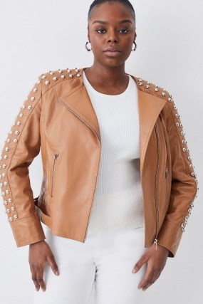 KAREN MILLEN Plus Size Leather Dome Stud & Quilted Detail Biker Jacket in Camel ~ luxe studded jackets ~ women’s luxury clothes ~ womens luxe outerwear