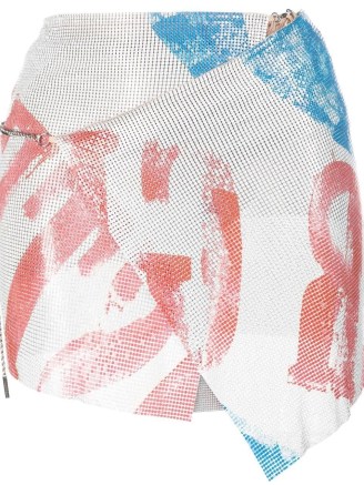 POSTER GIRL logo-print fitted skirt in white/blue/red ~ asymmetric metallic mini skirts ~ wrap style - flipped