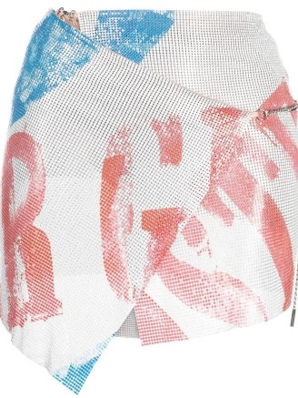 POSTER GIRL logo-print fitted skirt in white/blue/red ~ asymmetric metallic mini skirts ~ wrap style
