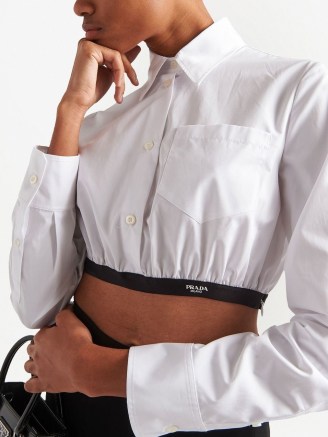 Prada poplin cotton shirt in white – women’s cropped designer shirts – crop hem fashion – womens luxury clothing