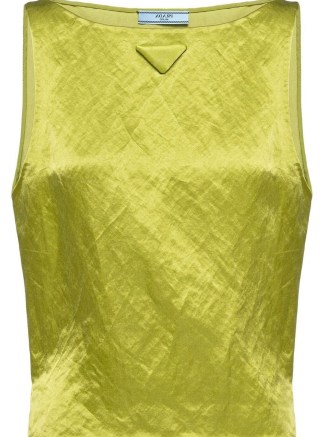 Prada triangle-logo sleeveless top in fern green ~ women’s satin finish tops ~ luxury fashion ~ luxe clothes - flipped