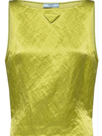 Prada triangle-logo sleeveless top in fern green ~ women’s satin finish tops ~ luxury fashion ~ luxe clothes