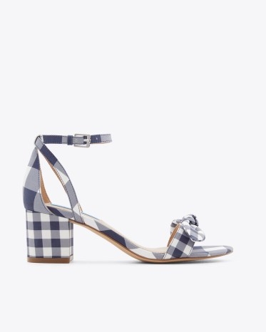 DRAPER JAMES Preston Ankle Strap Heels in Navy Gingham / checked block heels / blue and white check print ankle strap sandals / women’s shoes / fresh checks / knotted bow detail - flipped