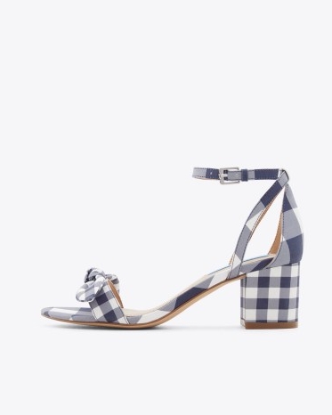 DRAPER JAMES Preston Ankle Strap Heels in Navy Gingham / checked block heels / blue and white check print ankle strap sandals / women’s shoes / fresh checks / knotted bow detail