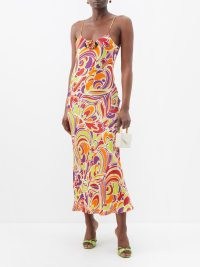 RODARTE Rose-brooch abstract-print crepe slip dress – multicoloured cami shoulder strap dresses – strappy occasion clothes – women’s evening event fashion with skinny straps