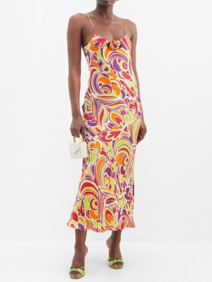 RODARTE Rose-brooch abstract-print crepe slip dress – multicoloured cami shoulder strap dresses – strappy occasion clothes – women’s evening event fashion with skinny straps - flipped