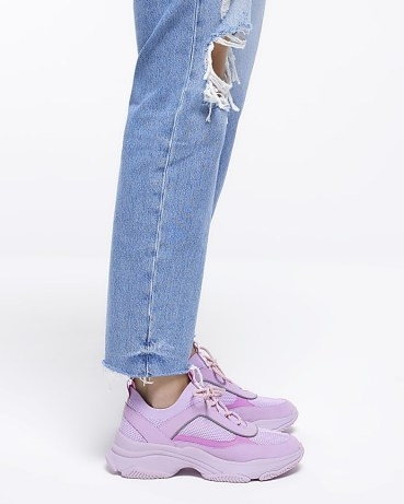 RIVER ISLAND PURPLE KNIT CHUNKY TRAINERS ~ womens lavender lace up trainer shoes ~ women’s sports style foots - flipped