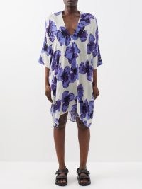 RAEY Purple iris-print deep-V silk dress / fluid plunge front dresses / women’s floral clothes / asymmetric hemline fashion