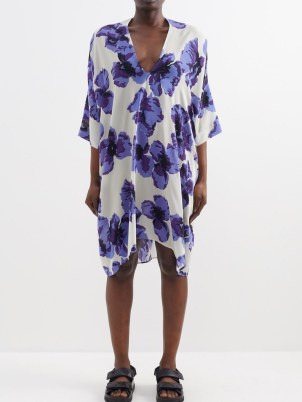 RAEY Purple iris-print deep-V silk dress / fluid plunge front dresses / women’s floral clothes / asymmetric hemline fashion - flipped