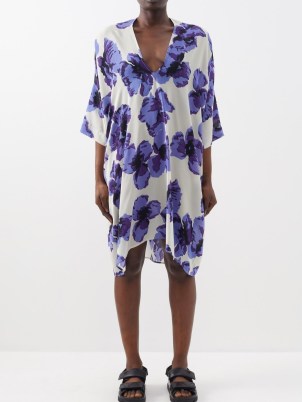 RAEY Purple iris-print deep-V silk dress / fluid plunge front dresses / women’s floral clothes / asymmetric hemline fashion
