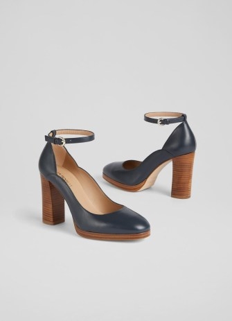 L.K. BENNETT Raelynn Navy Leather Platform Mary Janes – dark blue ankle strap platforms – women’s retro style shoes – womens luxury fashion - flipped