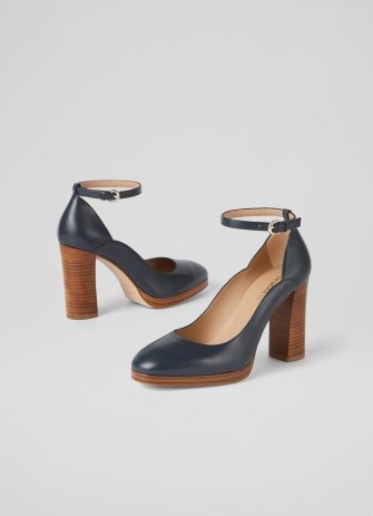 L.K. BENNETT Raelynn Navy Leather Platform Mary Janes – dark blue ankle strap platforms – women’s retro style shoes – womens luxury fashion