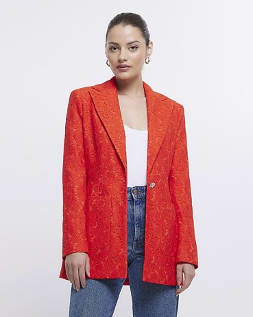 RIVER ISLAND RED LACE BLAZER ~ women’s vibrant blazers ~ womens bright single button closure jackets