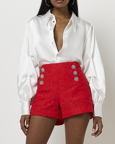 RIVER ISLAND RED LACE BUTTON SHORTS ~ womens floral short with embellished buttons - flipped