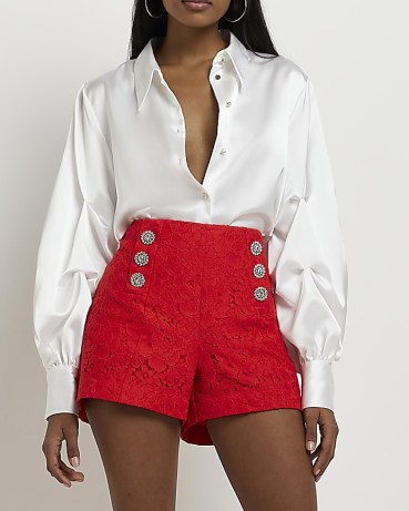 RIVER ISLAND RED LACE BUTTON SHORTS ~ womens floral short with embellished buttons