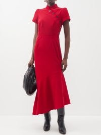 CEFINN Layla asymmetric corduroy midi dress in red – short sleeve mandarin collar dresses – tiered asymmetrical hemline