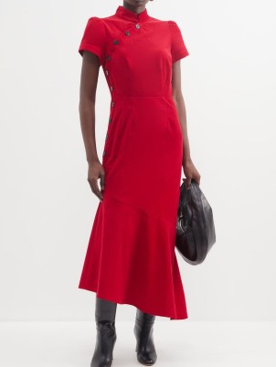 CEFINN Layla asymmetric corduroy midi dress in red – short sleeve mandarin collar dresses – tiered asymmetrical hemline - flipped